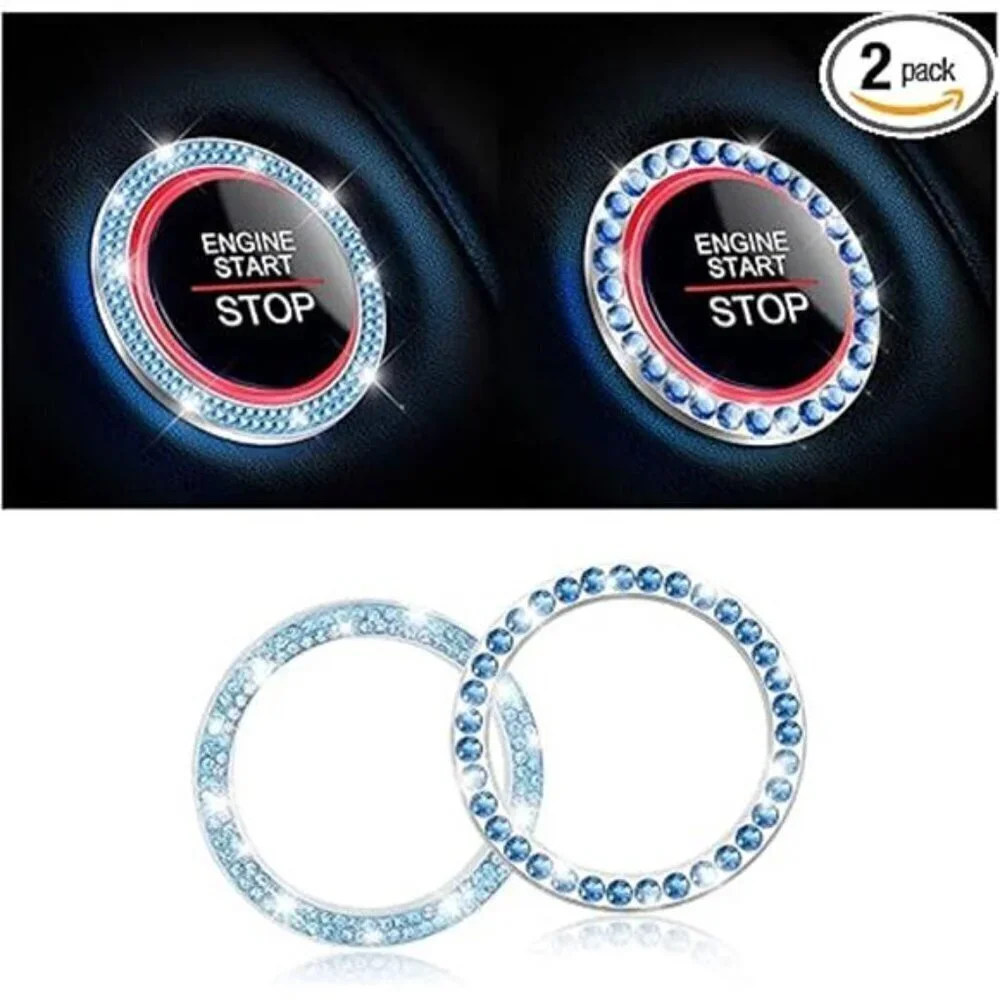 Car Start Button Bling Rhinestone Diamond Engine Button Ring 2-Pack Blue - Picture 8 of 8